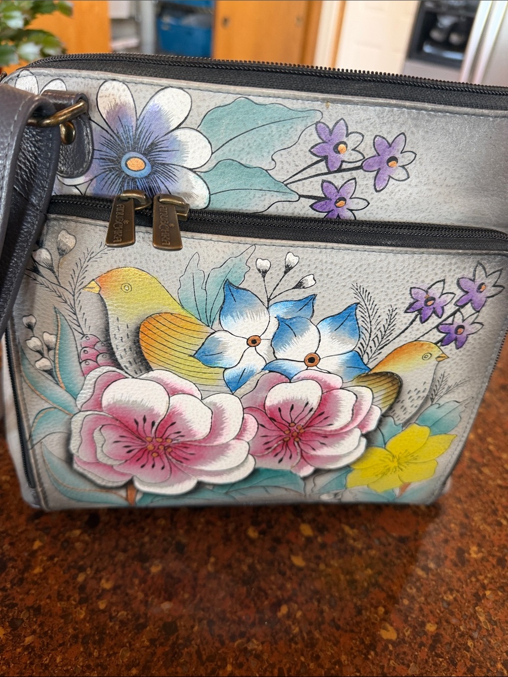 Anuschka Gray Hand-Painted Shoulder Bag with Multicolor Floral & Bird Art